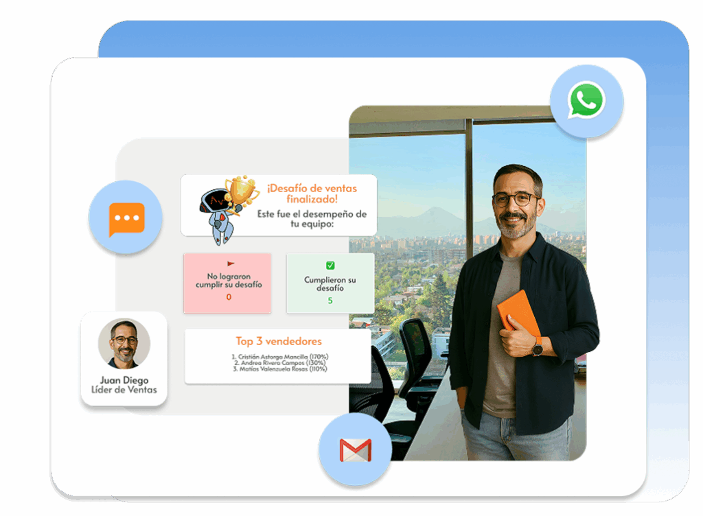 comunicación microsegmentada y multicanal (email, WhatsApp, SMS, pop-up) y automatizada. Recibe e informa avances, rankings, carga de puntos, novedades internas, refuerza metas y comunica logros